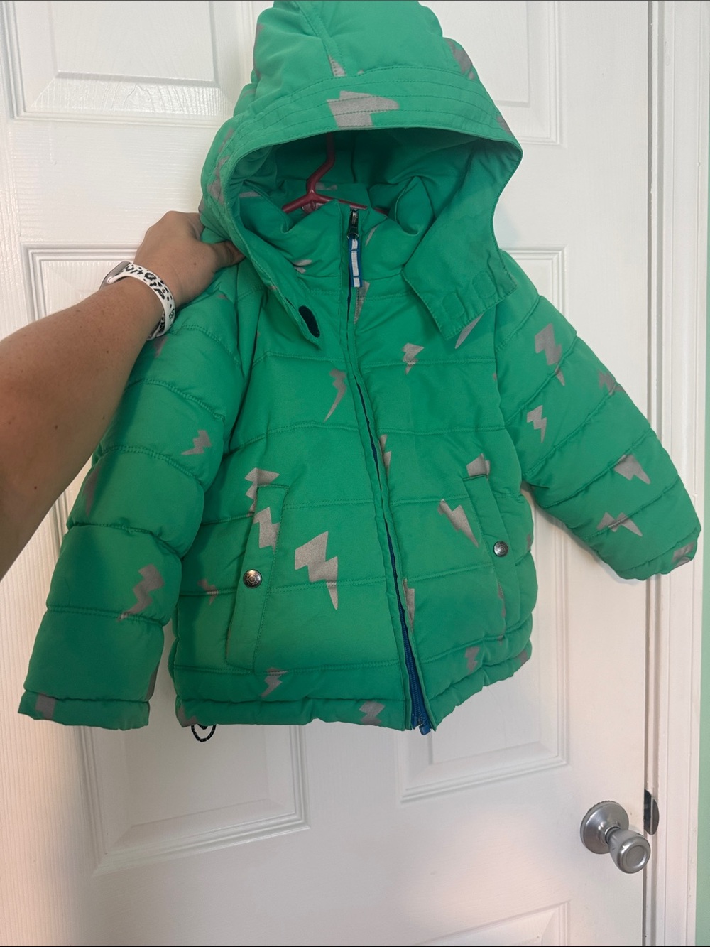 Kids Hooded Green Puffer Jacket with Lightning Print